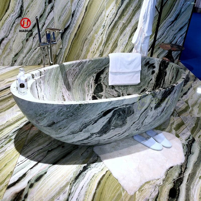 Large Modern Freestanding Solid Green Marble Natural Stone Bathtub with Drainer Square Soaking Tub Bathroom Hotel Use