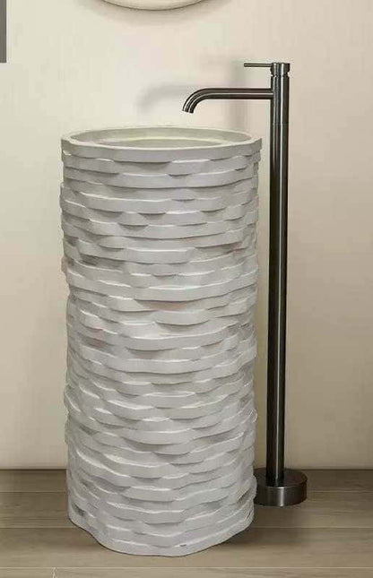 Modern White Textured Pedestal Basin – Luxury Freestanding Stone Sink for Contemporary Bathrooms