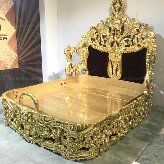 Royal Luxury King Size Bed– Complete Bedroom Furniture High End Birch Solid Wood Victorian Bed Gold
