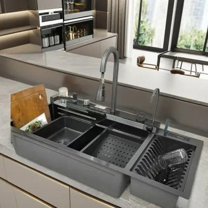 Modern kitchen with a large double-basin stainless steel sink.