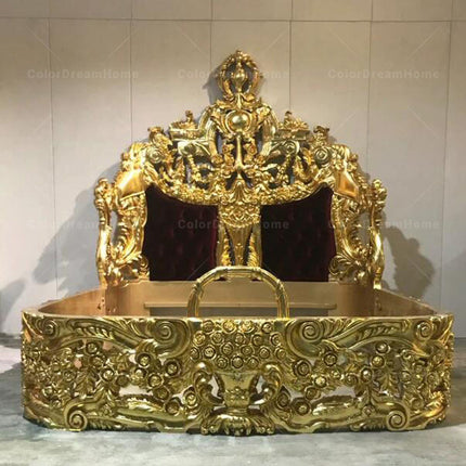 Königliches Luxus-Kingsize-Bett – Komplettes Schlafzimmermöbel, hochwertiges viktorianisches Bett aus massivem Birkenholz, Gold
