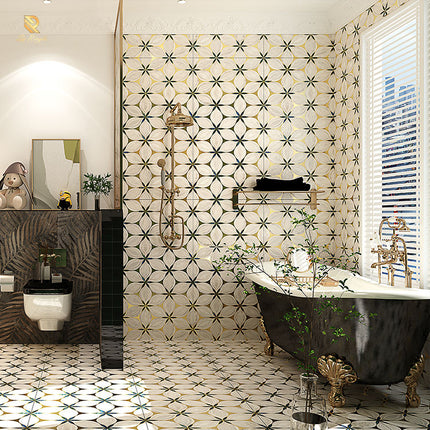 Luxury Matt Porcelain Anti-Slip Floor and Wall Tiles with 3D Golden Texture and Green Flower Pattern – Modern Custom Design for Villas and Interior Home Décor