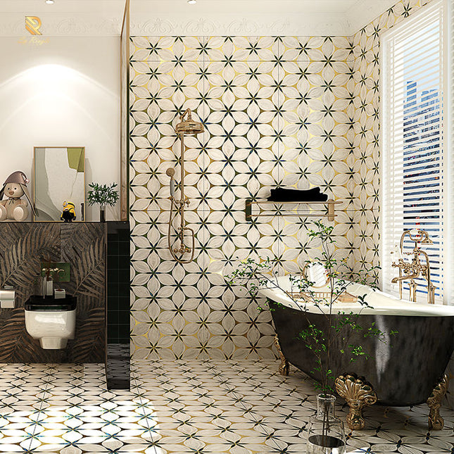 Luxury Matt Porcelain Anti-Slip Floor and Wall Tiles with 3D Golden Texture and Green Flower Pattern – Modern Custom Design for Villas and Interior Home Décor