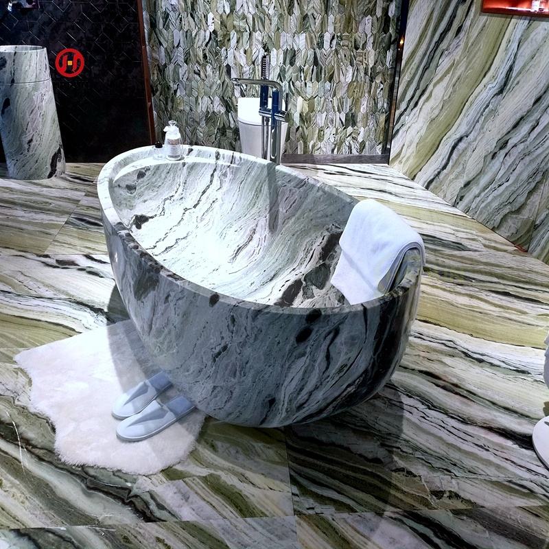 Large Modern Freestanding Solid Green Marble Natural Stone Bathtub with Drainer Square Soaking Tub Bathroom Hotel Use