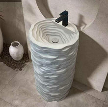 Load image into Gallery viewer, Modern White Textured Pedestal Basin – Luxury Freestanding Stone Sink for Contemporary Bathrooms
