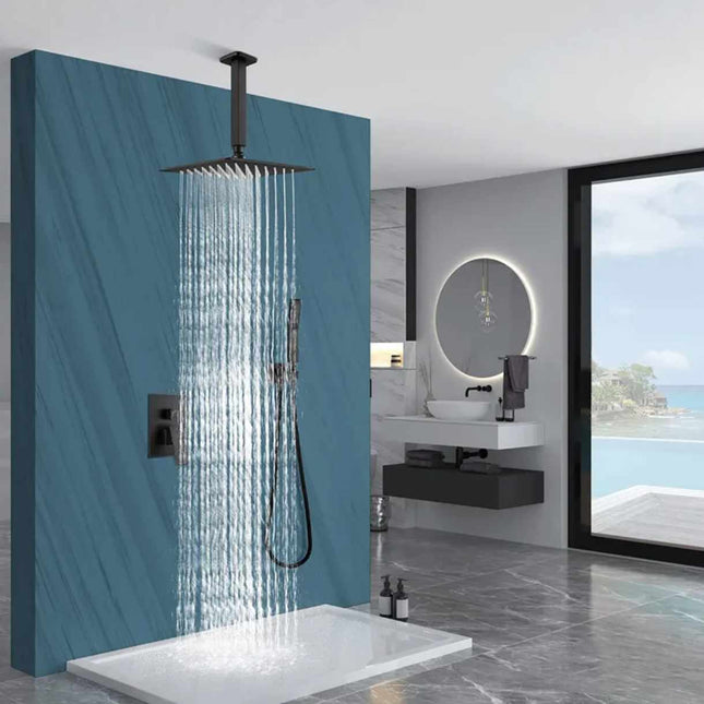 Modern shower system with rainfall shower head in a bathroom setting