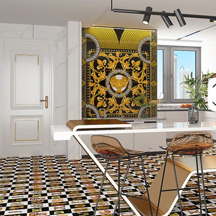 Modern kitchen with decorative wall art and checkered floor.