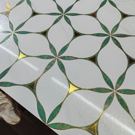 Luxury Matt Porcelain Anti-Slip Floor and Wall Tiles with 3D Golden Texture and Green Flower Pattern – Modern Custom Design for Villas and Interior Home Décor