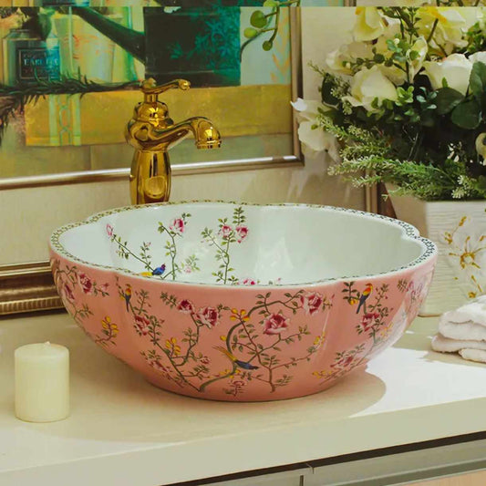 Chinese Antique Ceramic Wash Basin – Hand-Painted Countertop Sink in Pink with White Bird Design