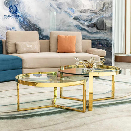 Table basse moderne, table centrale, nouveaux modèles, mobilier or rose, pied de table basse en métal et verre, mobilier de salon sur mesure 