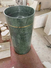 Load image into Gallery viewer, Luxury Green Stone Pedestal Sink with Golden Stainless Steel Ring – Designer Freestanding Basin
