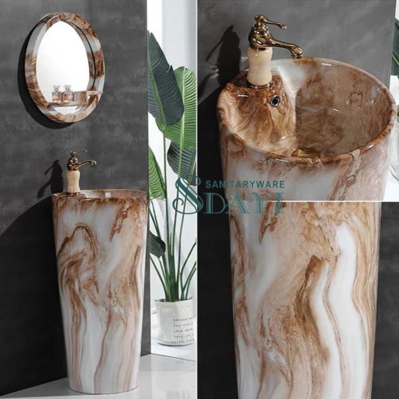 Luxury Marble Color Stone Wash Pedestal Basin Modern Sanitary Ware Bathroom Pedestal Sink Stylish Contemporary Wash Stand for Home Hotel Apartment