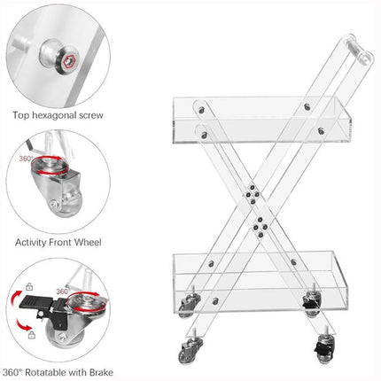 2 Tier Utility Rolling Serving Trolley Cart Clear Acrylic Storage Cart Bathroom Kitchen Living Room