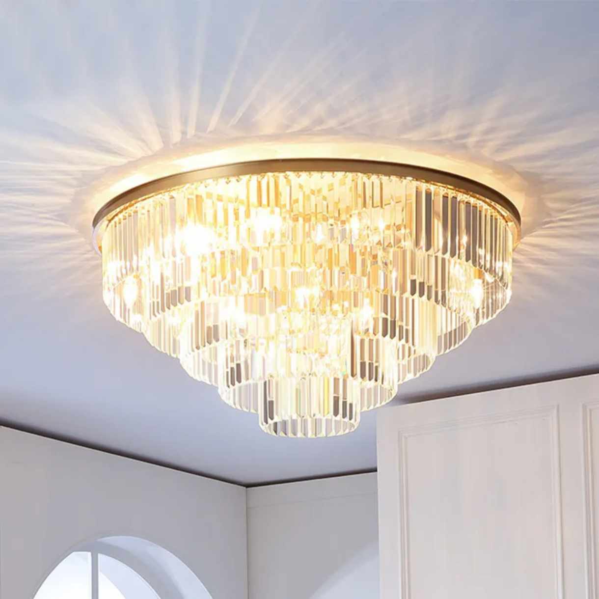 Luxury Contemporary Crystal Gold Flush Mount Ceiling Light – Modern Elegant Chandelier 80cm
