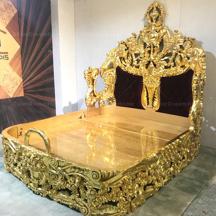 Königliches Luxus-Kingsize-Bett – Komplettes Schlafzimmermöbel, hochwertiges viktorianisches Bett aus massivem Birkenholz, Gold