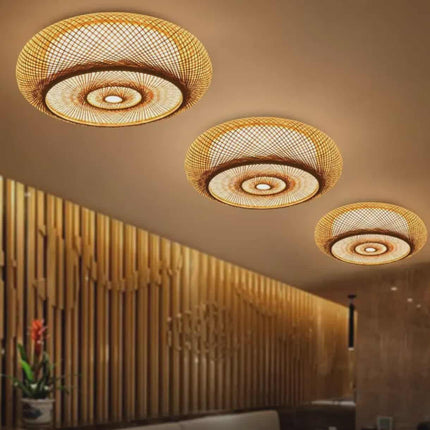 Round Bamboo Ceiling Light – Eco-Friendly Flush-Mount Lamp for Living Room, Bedroom, or Dining Area