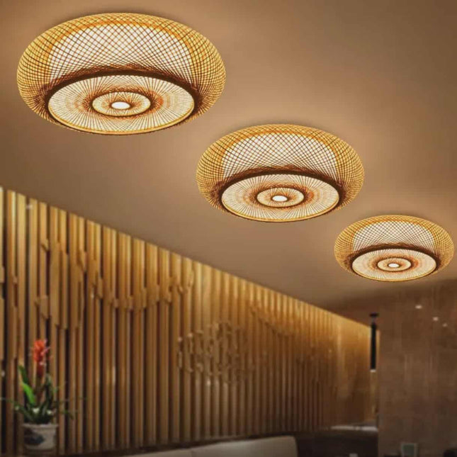 Round Bamboo Ceiling Light – Eco-Friendly Flush-Mount Lamp for Living Room, Bedroom, or Dining Area