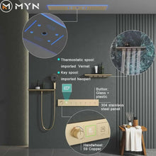 Charger l&#39;image dans la galerie, Luxurious Bathroom Ceiling Rainfall Waterfall Shower System – In-Wall Concealed Thermostatic Mixer with Jet Massage Function for Modern Bathrooms
