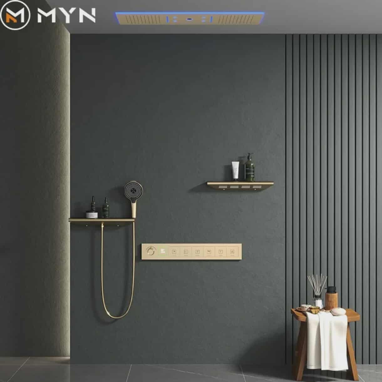 Luxurious Bathroom Ceiling Rainfall Waterfall Shower System – In-Wall Concealed Thermostatic Mixer with Jet Massage Function for Modern Bathrooms