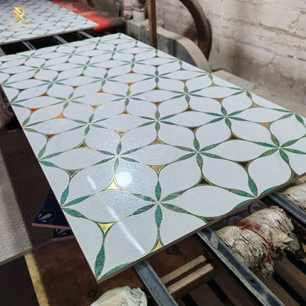 Luxury Matt Porcelain Anti-Slip Floor and Wall Tiles with 3D Golden Texture and Green Flower Pattern – Modern Custom Design for Villas and Interior Home Décor