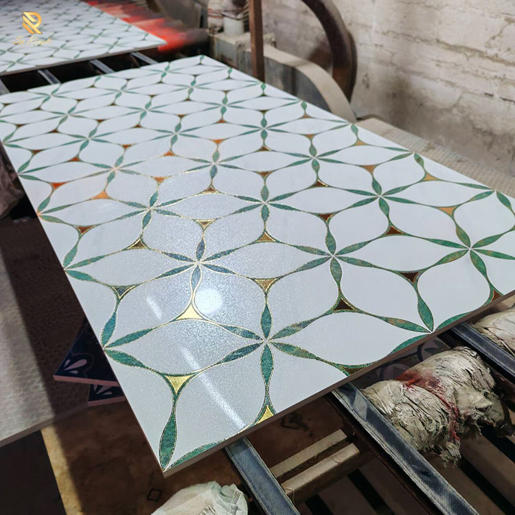 Luxury Matt Porcelain Anti-Slip Floor and Wall Tiles with 3D Golden Texture and Green Flower Pattern – Modern Custom Design for Villas and Interior Home Décor