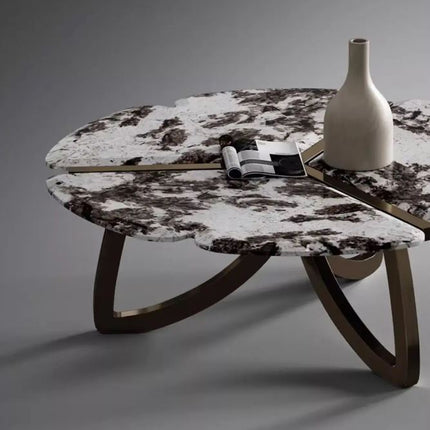 Table basse ronde de luxe minimaliste italienne en pierre, idéale pour les sols plats et toute la maison, avec une série de luminaires modernes. 