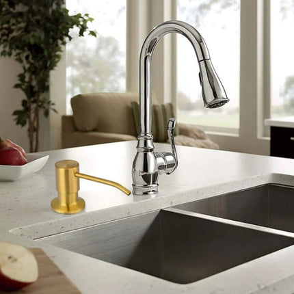 Distributeur de savon rond en acier inoxydable doré, distributeur de savon liquide de luxe sur pied pour éviers de cuisine 