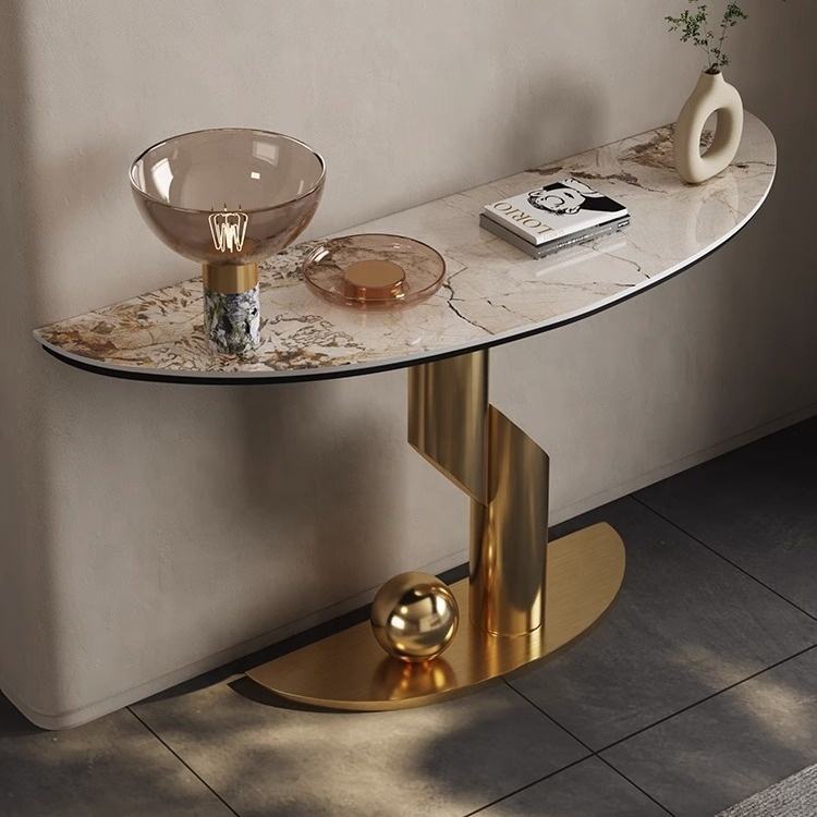 Modern Stainless Steel Electroplated Leg Console Table Marble Top Console Table Decorative Porch Hallway Side Table