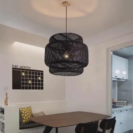 Bamboo Handmade Chandelier – Rattan Art Ceiling Lamp, Black Weave Bamboo Pendant Light for Dining Room or Living Room