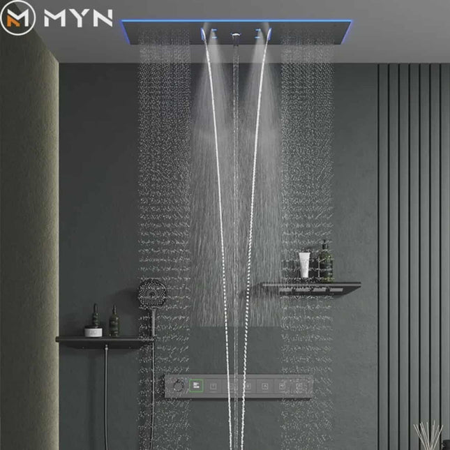 Système de douche à effet pluie cascade de luxe pour salle de bains moderne – Mitigeur thermostatique encastré avec fonction de massage par jets