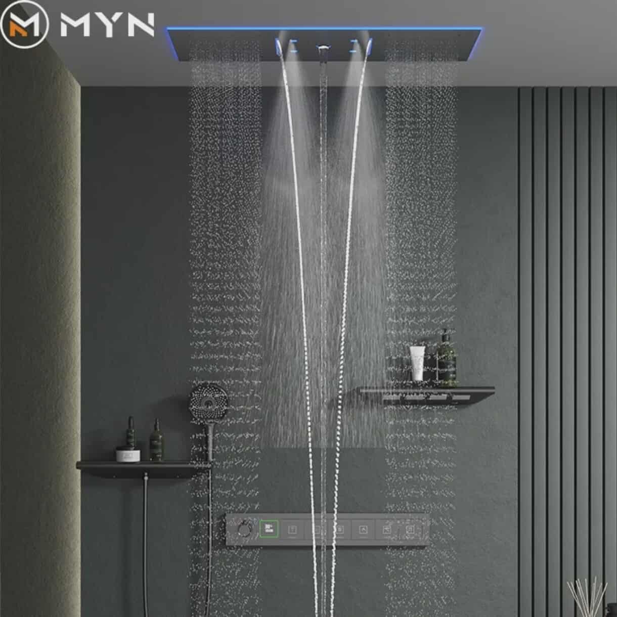 Luxurious Bathroom Ceiling Rainfall Waterfall Shower System – In-Wall Concealed Thermostatic Mixer with Jet Massage Function for Modern Bathrooms