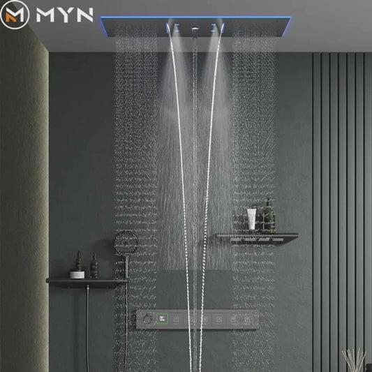 Luxurious Bathroom Ceiling Rainfall Waterfall Shower System – In-Wall Concealed Thermostatic Mixer with Jet Massage Function for Modern Bathrooms