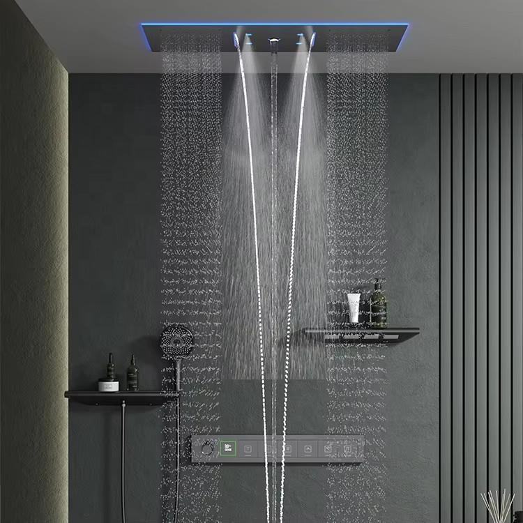 Luxurious Bathroom Ceiling Rainfall Waterfall Shower System – In-Wall Concealed Thermostatic Mixer with Jet Massage Function for Modern Bathrooms
