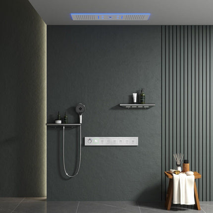 Luxurious Bathroom Ceiling Rainfall Waterfall Shower System – In-Wall Concealed Thermostatic Mixer with Jet Massage Function for Modern Bathrooms