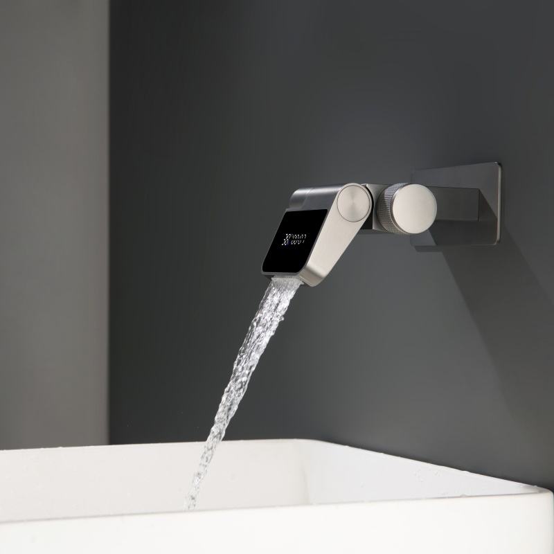 Wall-Mount Dual Hole Gun Gray Digital Display Waterfall Basin Faucet – Bathroom Sink Mixer Tap with Brass Construction