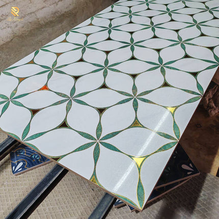 Luxury Matt Porcelain Anti-Slip Floor and Wall Tiles with 3D Golden Texture and Green Flower Pattern – Modern Custom Design for Villas and Interior Home Décor
