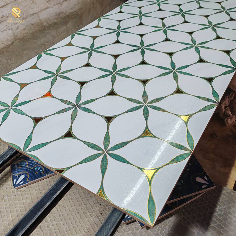 Luxury Matt Porcelain Anti-Slip Floor and Wall Tiles with 3D Golden Texture and Green Flower Pattern – Modern Custom Design for Villas and Interior Home Décor