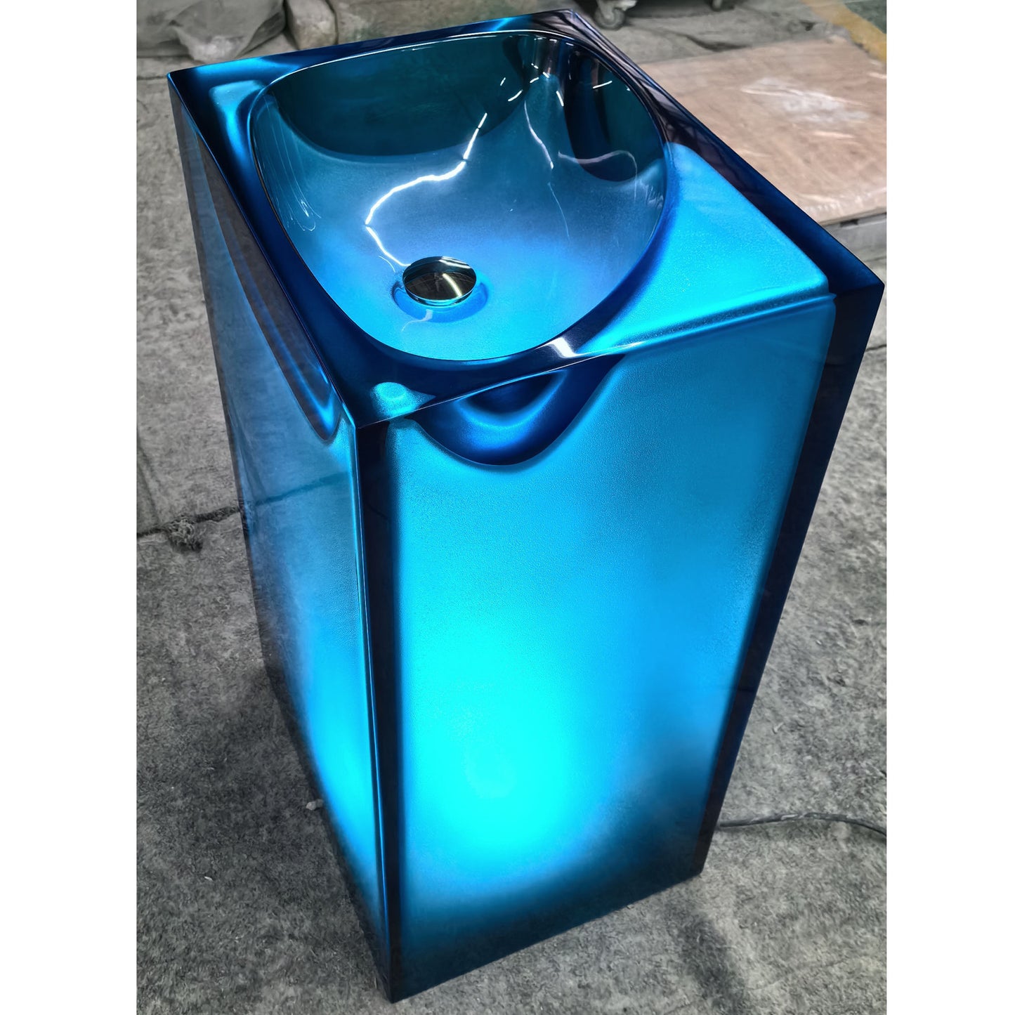Modern Blue Transparent Pedestal Sink – Resin Stone Freestanding Basin for Luxury Bathrooms & Hotels