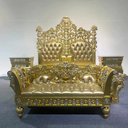 Custom Victorian Rococo Bedroom Set – Luxury Gold King Size Leather Bed with Elegant Classic Design