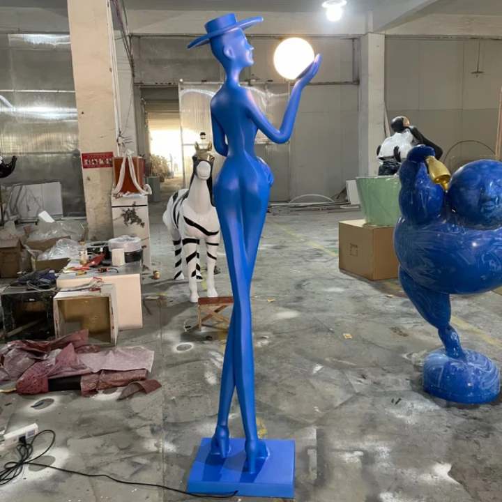 Shoulder Girl Sculpture Floor Lamp Blue Skirt Standing Statue Light with Luminous Ball Lantern for Home School Library Decorative Ornament