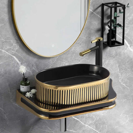 Dalle de douche murale rectangulaire en porcelaine noire et or de luxe, sans vasque