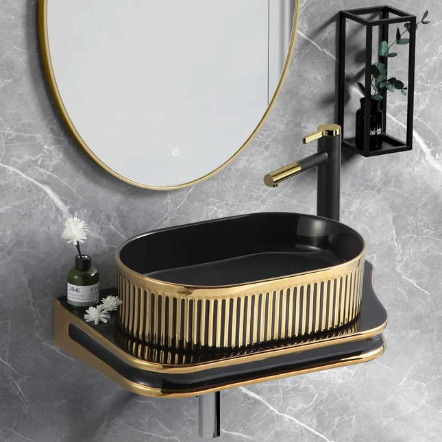 Luxury Black and Gold Rectangular Wall-Hung Porcelain Slab Hanging Slab without Basin