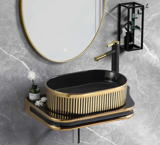 Luxury Black and Gold Rectangular Wall-Hung Porcelain Slab Hanging Slab without Basin