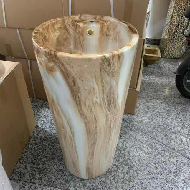 Round Countertop Basin – Brown Marble Porcelain Sink for Modern Bathrooms