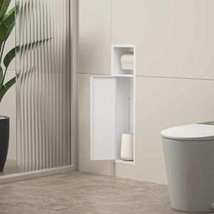 Custom Free Standing Concealed Toilet Paper Holder – Matte White & Silver Stainless Steel 304 with Modern Shelf Storage for Bathroom