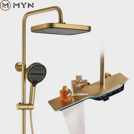 Luxury Gold Wall-Mount LED Digital Display Waterfall Bathroom Faucet – Hot & Cold Mixer Piano-Style Tap with Shower Set for Modern Bathrooms
