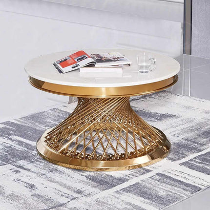 Metal Round Coffee Table Gold Stainless Steel Furniture Indoor Sitting Room Glass and Marble Top Table