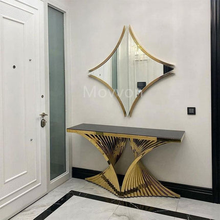 Black Glass Top Console Table with Striking Sculptural Gold Base – Modern Luxury Design