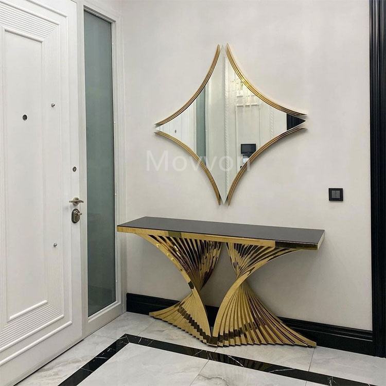Black Glass Top Console Table with Striking Sculptural Gold Base – Modern Luxury Design