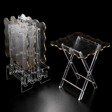 Good Quality Modern Stylish 4 pcs Folding Tea Table Set Clear Acrylic Folding Tray Table With Gold Rim